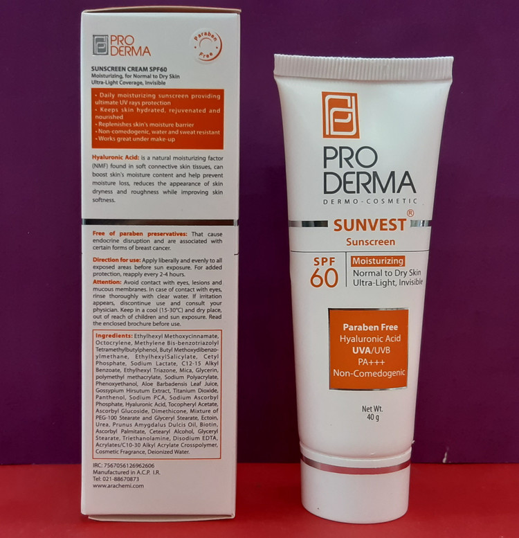 کرم ضد آفتاب بی رنگ پرودرما با SPF60 مناسب پوست معمولی و خشک حجم 40 میلی لیتر