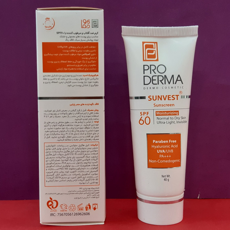 کرم ضد آفتاب بی رنگ پرودرما با SPF60 مناسب پوست معمولی و خشک حجم 40 میلی لیتر